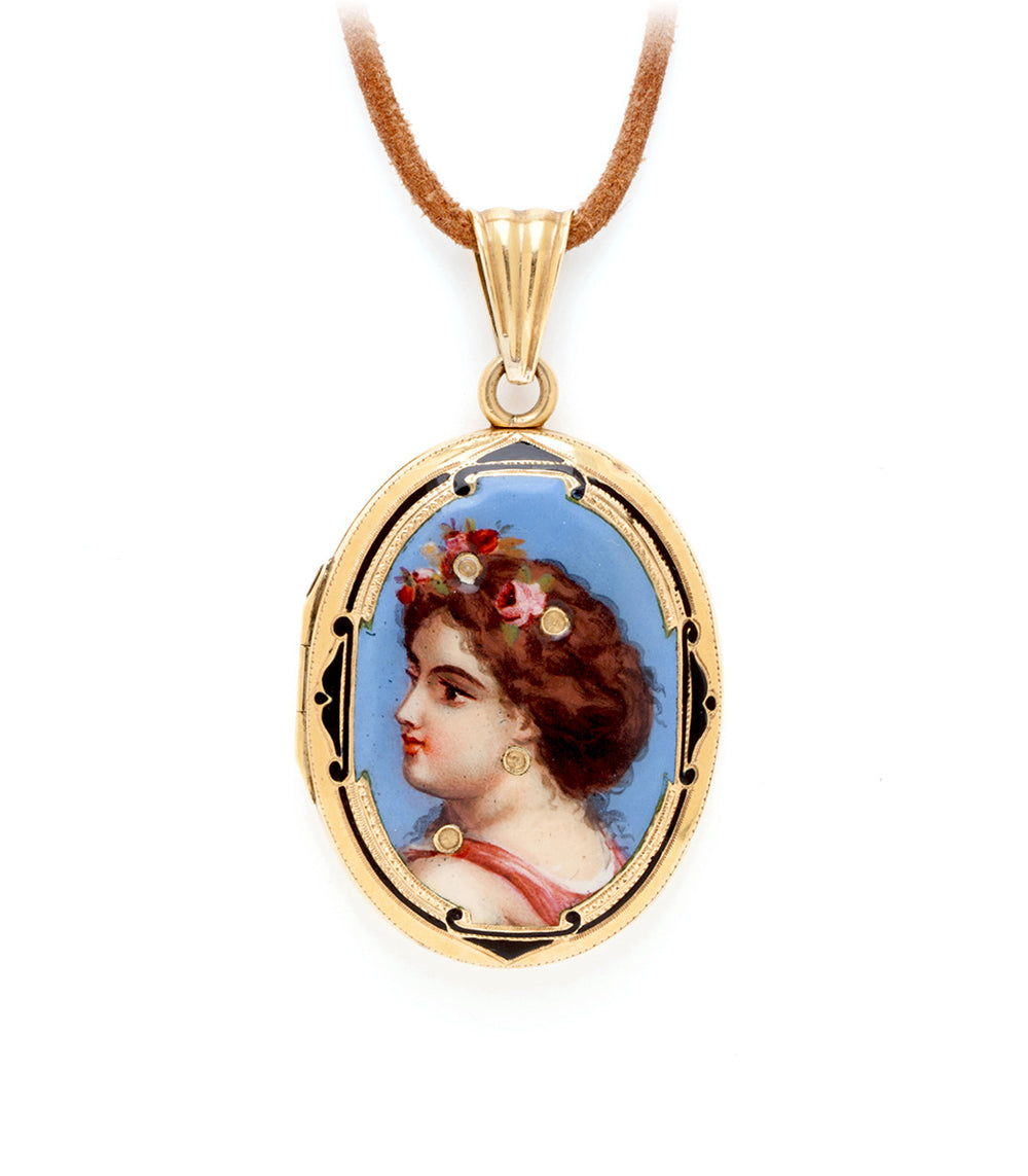 Art Nouveau Sweet Maiden Locket VC-P4 gold oval locket pendant with painted portrait and floral detail on chain