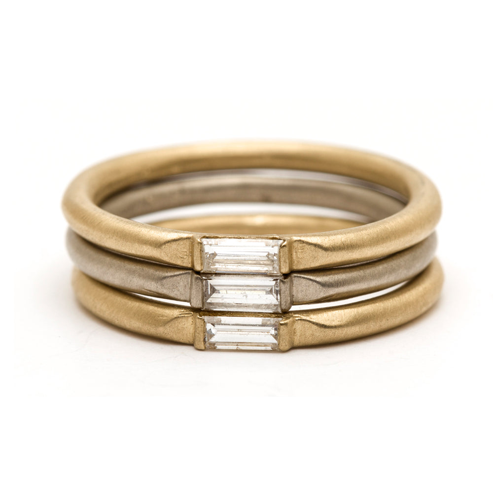 Wire Band R-R7 ring in 14K yellow gold, 3 stone engagement ring with baguette cut diamonds.