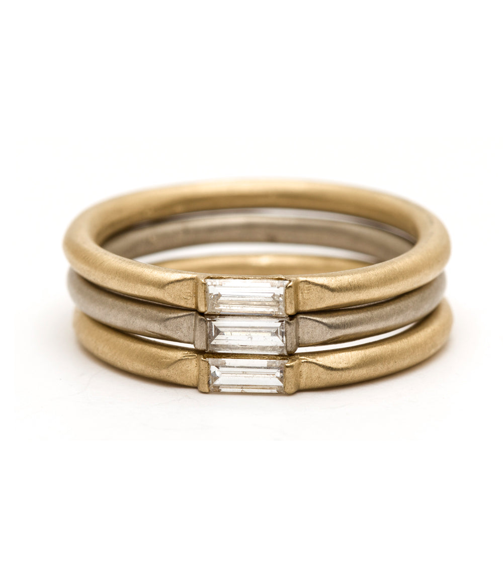 Wire Band R-R7 ring in 14K yellow gold, 3 stone engagement ring with baguette cut diamonds.