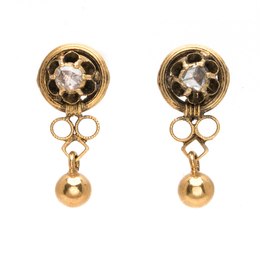 Golden Buttercup Drop Earrings by VC-E15, gold drop earrings with faceted clear center stone and round ball dangle