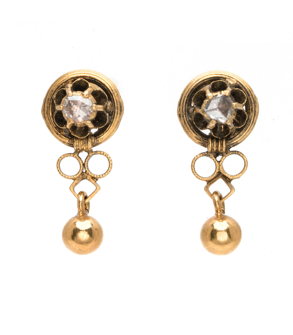 Golden Buttercup Drop Earrings by VC-E15, gold drop earrings with faceted clear center stone and round ball dangle
