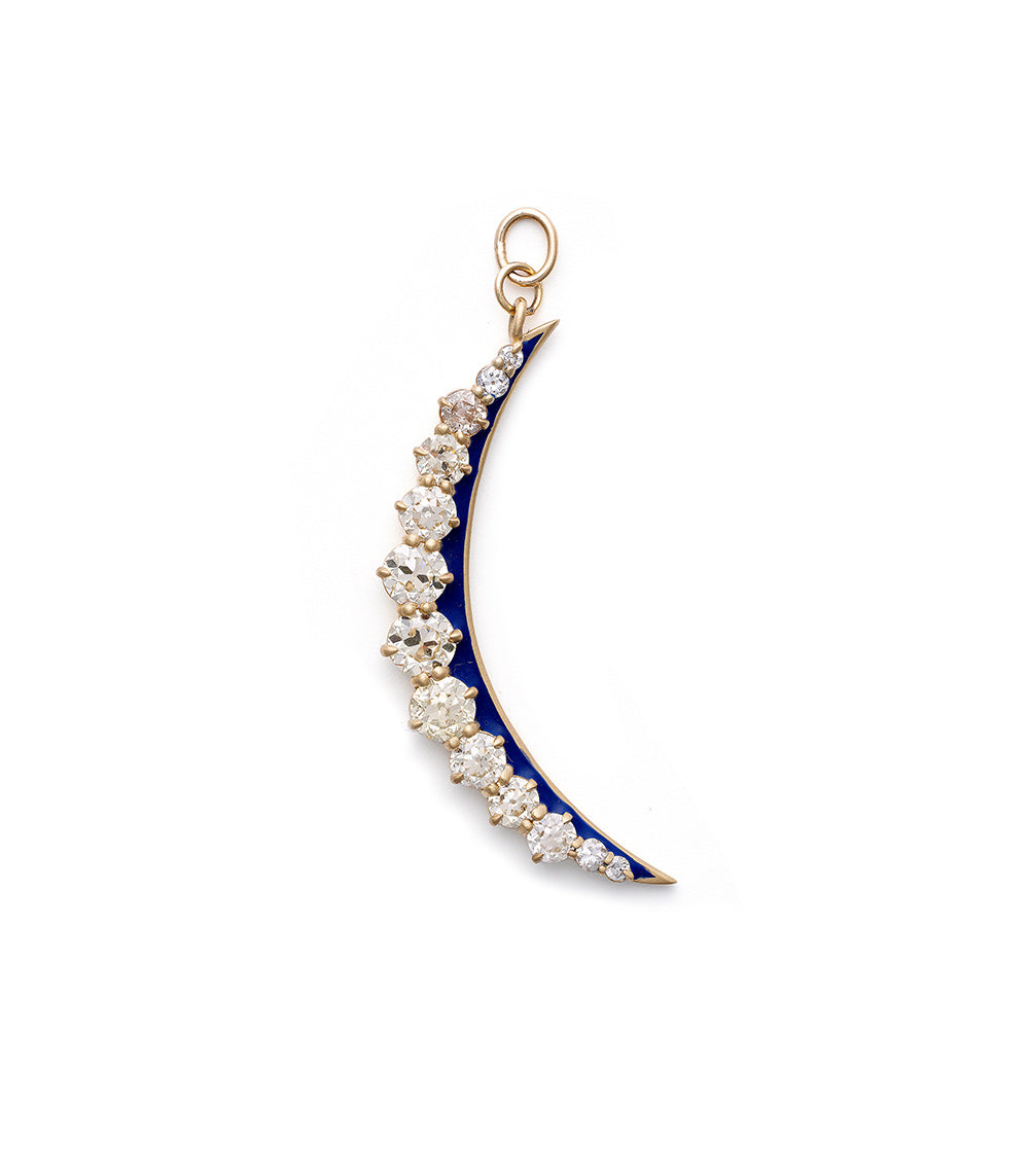 Feminine Divine SK-P13 gold crescent moon earring with blue enamel edge and sparkling stones
