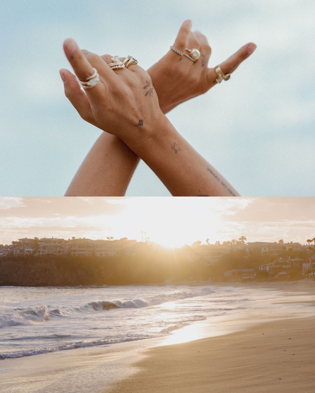  tattooed-hands-with-sky-background-featuring-unique-engagement-rings-with-sunset-beach-shot-split-screen