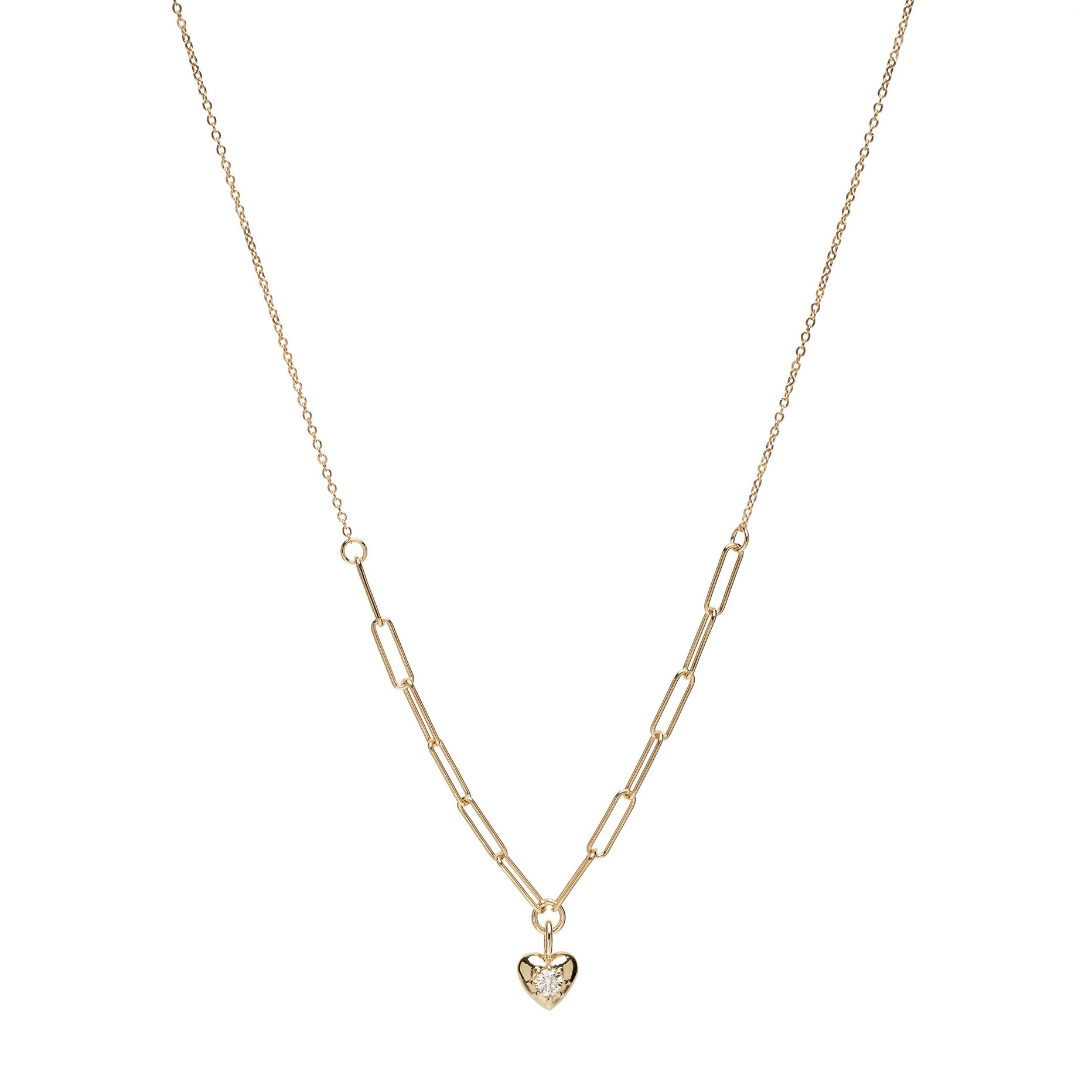 ID NECKLACE NO.4 by ID-N4 gold necklace with interlinked chain and heart pendant with small stone