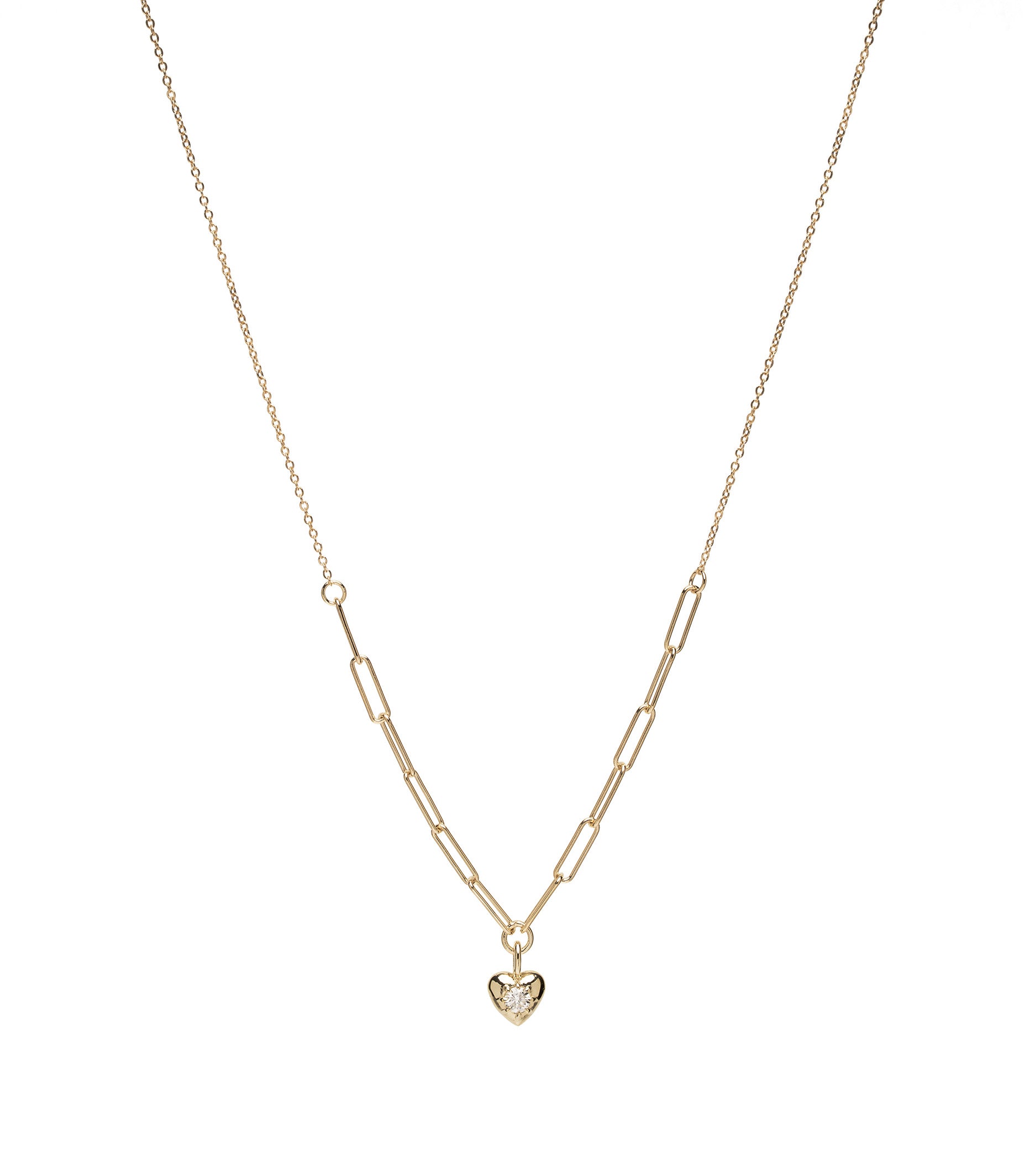 ID NECKLACE NO.4 by ID-N4 gold necklace with interlinked chain and heart pendant with small stone