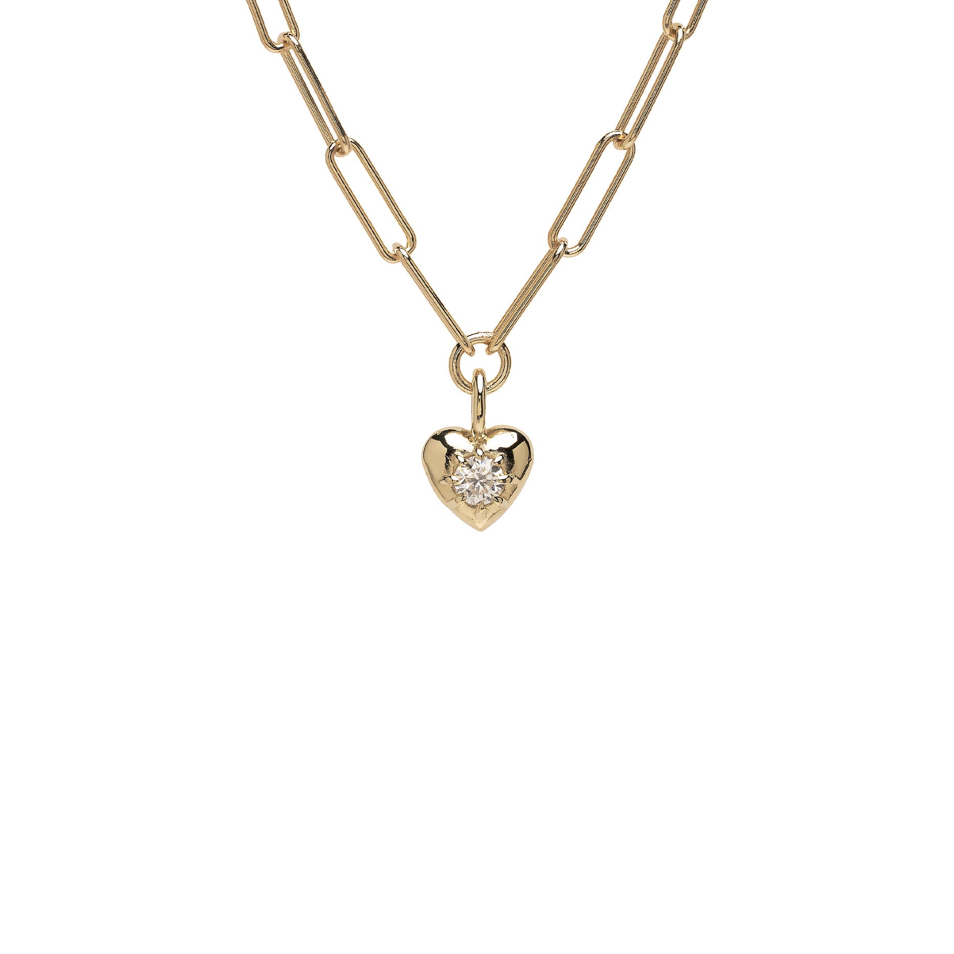 ID NECKLACE NO.4 by ID-N4 gold heart pendant necklace with a single round diamond centerpiece