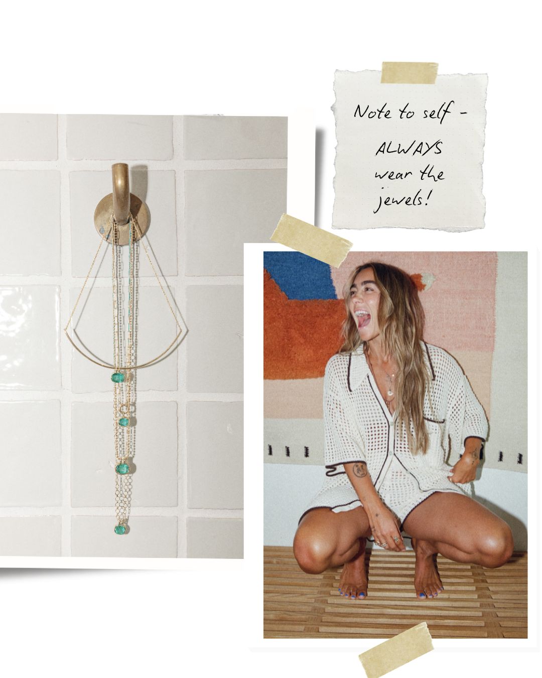 A collage-style listing image showing a gold-toned wall-mounted jewelry organizer with multiple strands of beaded necklaces hanging from it, alongside a photo of a woman wearing white patterned pajamas and a handwritten note that says 'Note to self - ALWAYS wear the jewels!'.