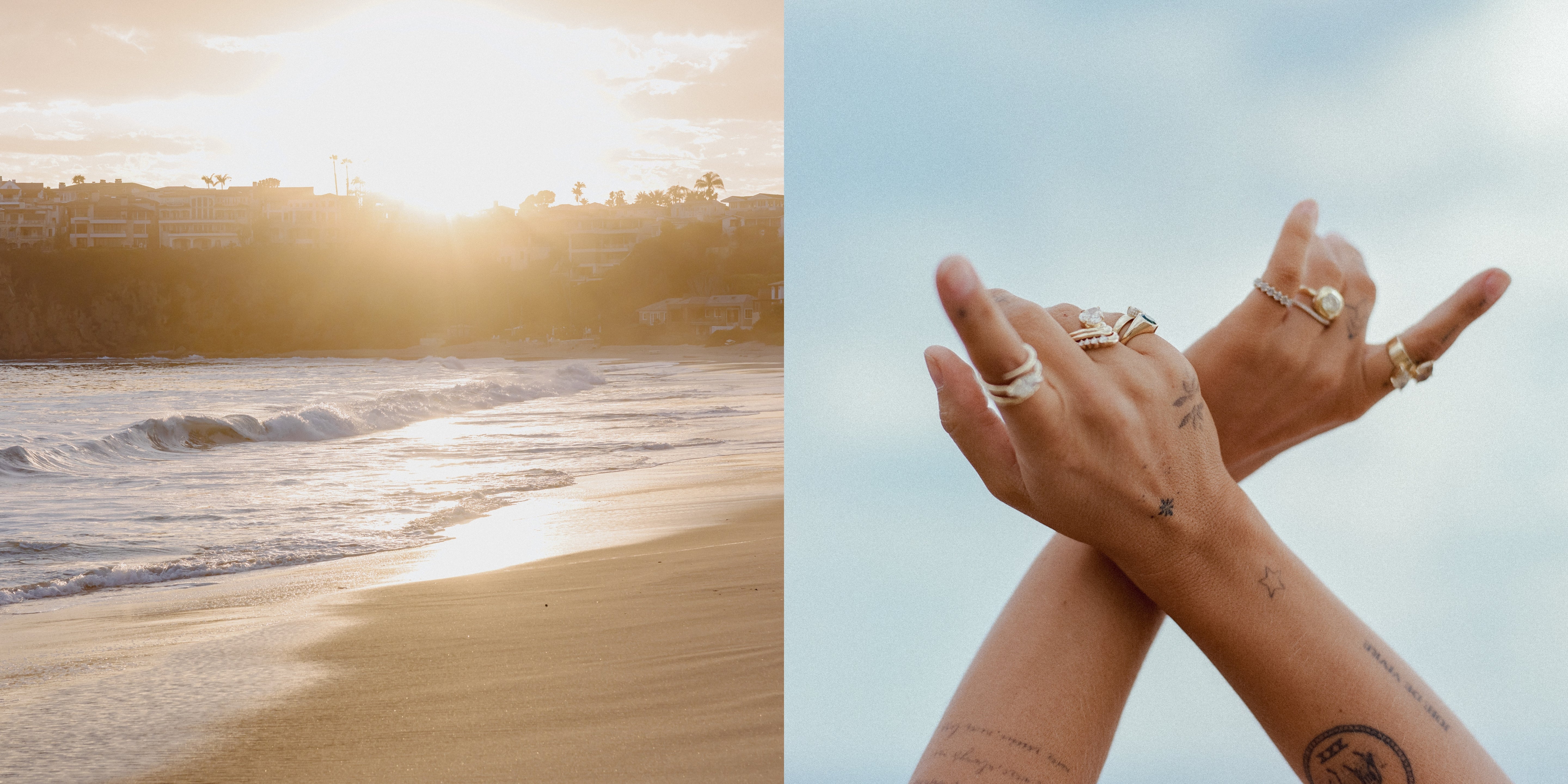A split-screen lifestyle image showing a beach scene at sunset on the left and a close-up of crossed hands wearing multiple gold rings on the right.