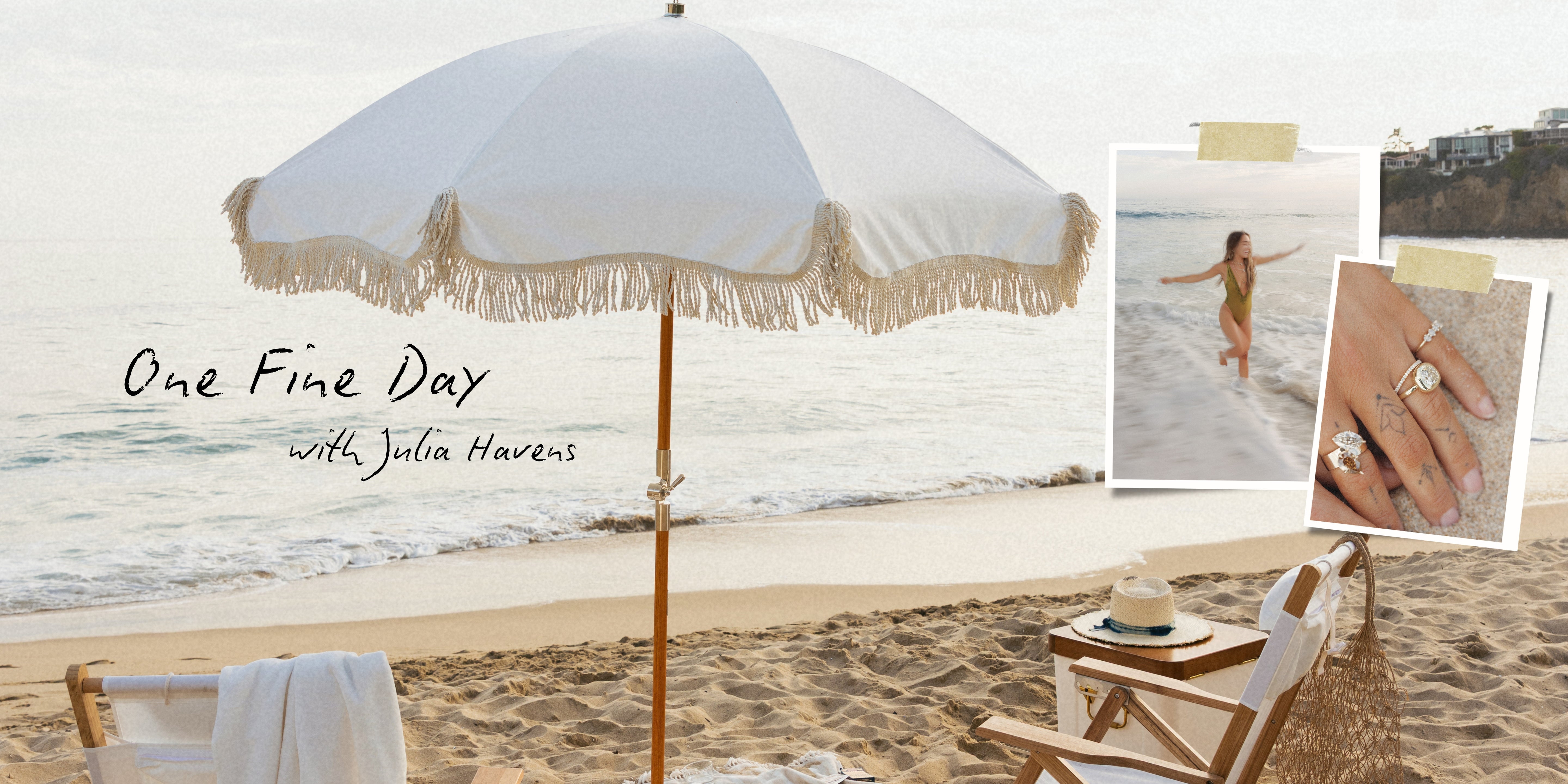 A white beach umbrella with beige fringe stands on a sandy beach next to a white lounge chair. Two small inset photos on the right show a woman in a beach setting and a close-up of a hand with rings.