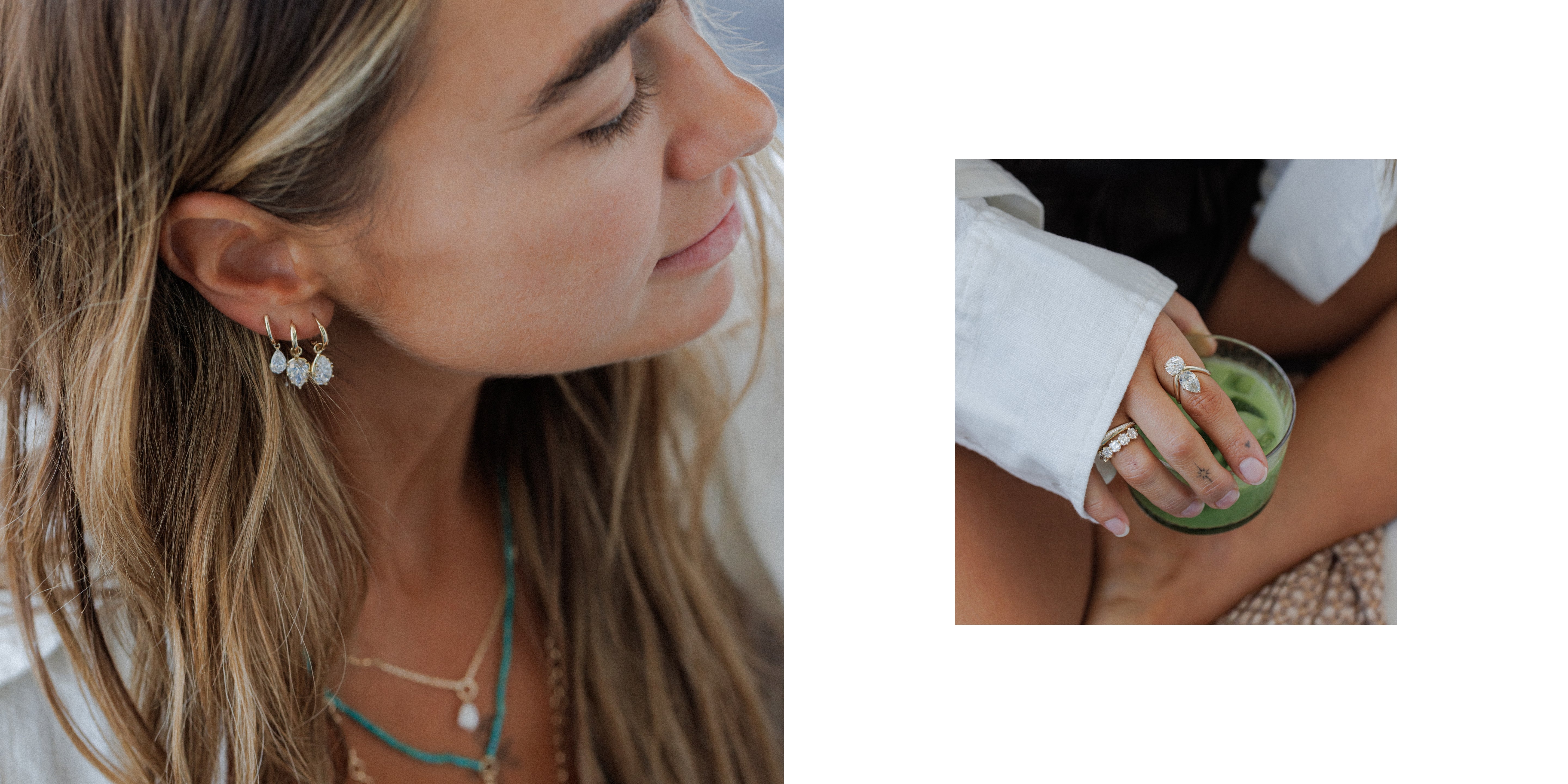 A split image showing a woman wearing small dangling pearl-like earrings and layered necklaces on the left, and a close-up of a hand holding a green drink with rings on the right.