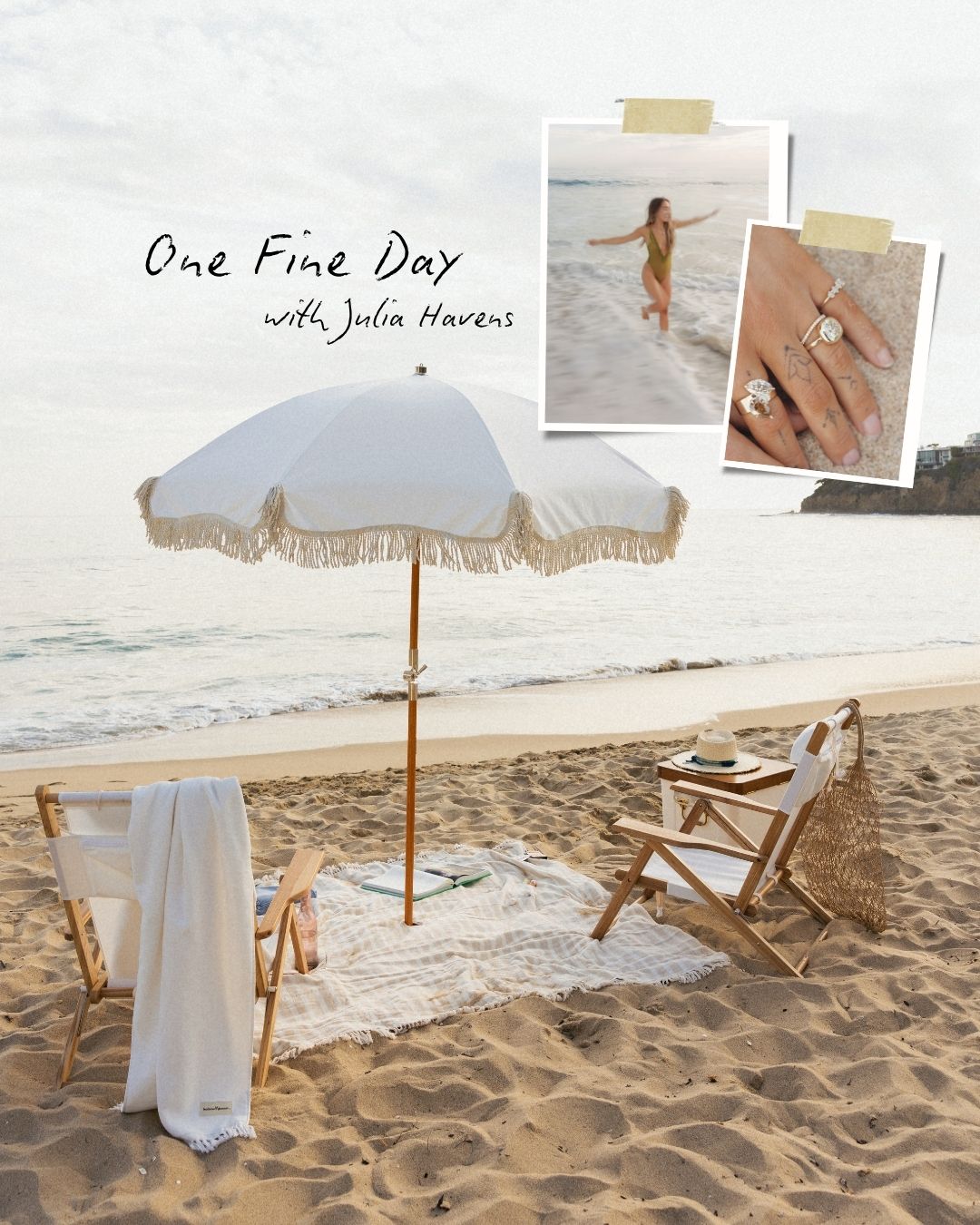 A beach lifestyle scene with a white sun umbrella, two wooden lounge chairs, and a white towel on the sand near the shoreline. Two small inset photos at the top right show a woman in a beach setting and a close-up of hands wearing rings.