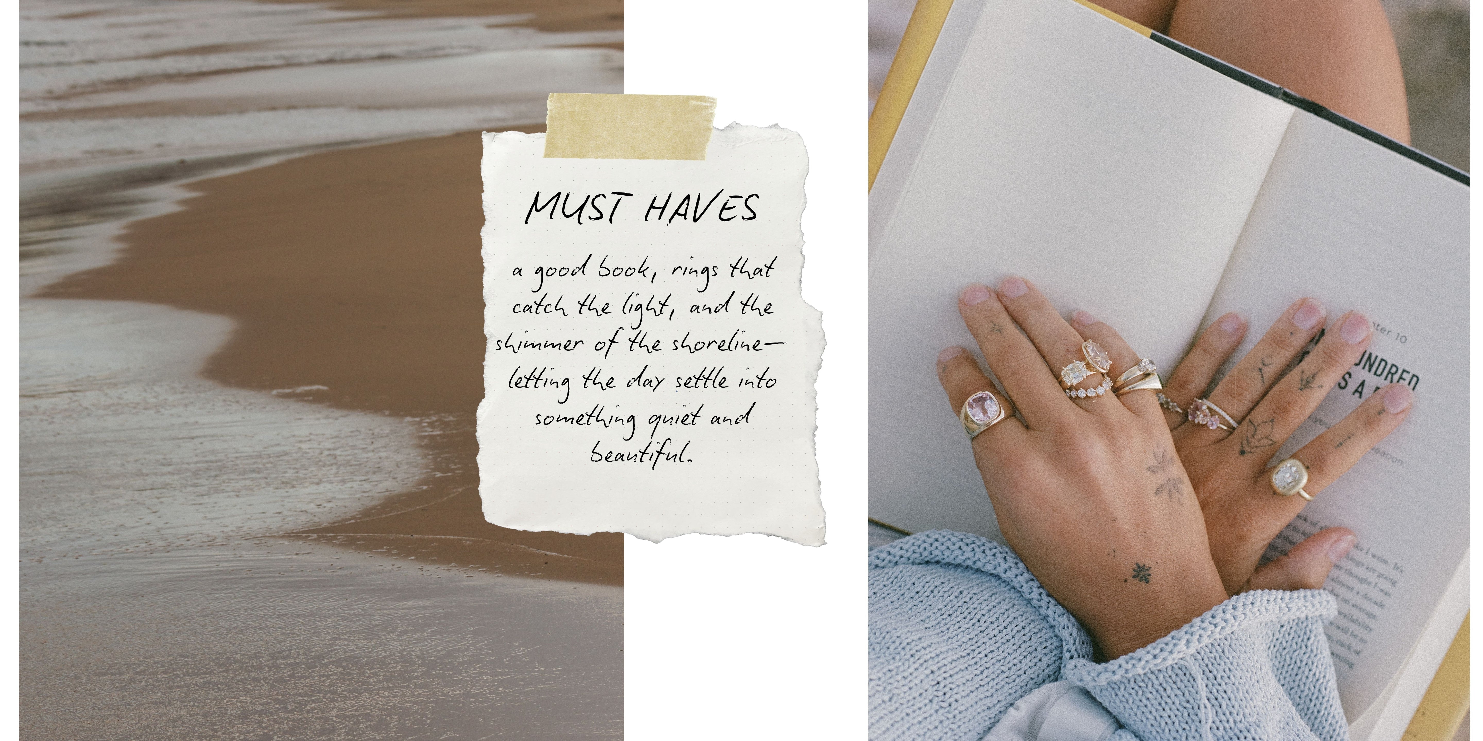 A split lifestyle image showing handmade rings on a person's hands resting on an open book, alongside a handwritten note on a wooden surface that reads 'MUST HAVES'.