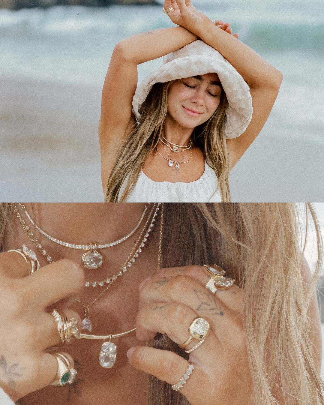 A split image showing a woman wearing layered gold and pearl necklaces, rings, and a white sun hat on a beach, with a close-up bottom panel focusing on the jewelry on her hands.