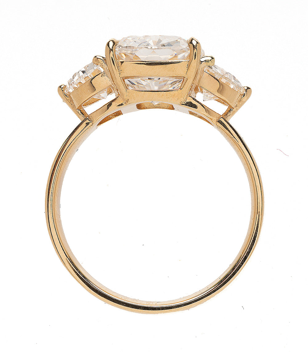 Charlie SK-R115 gold engagement ring with clear center stone and side stones, 3 stone engagement ring