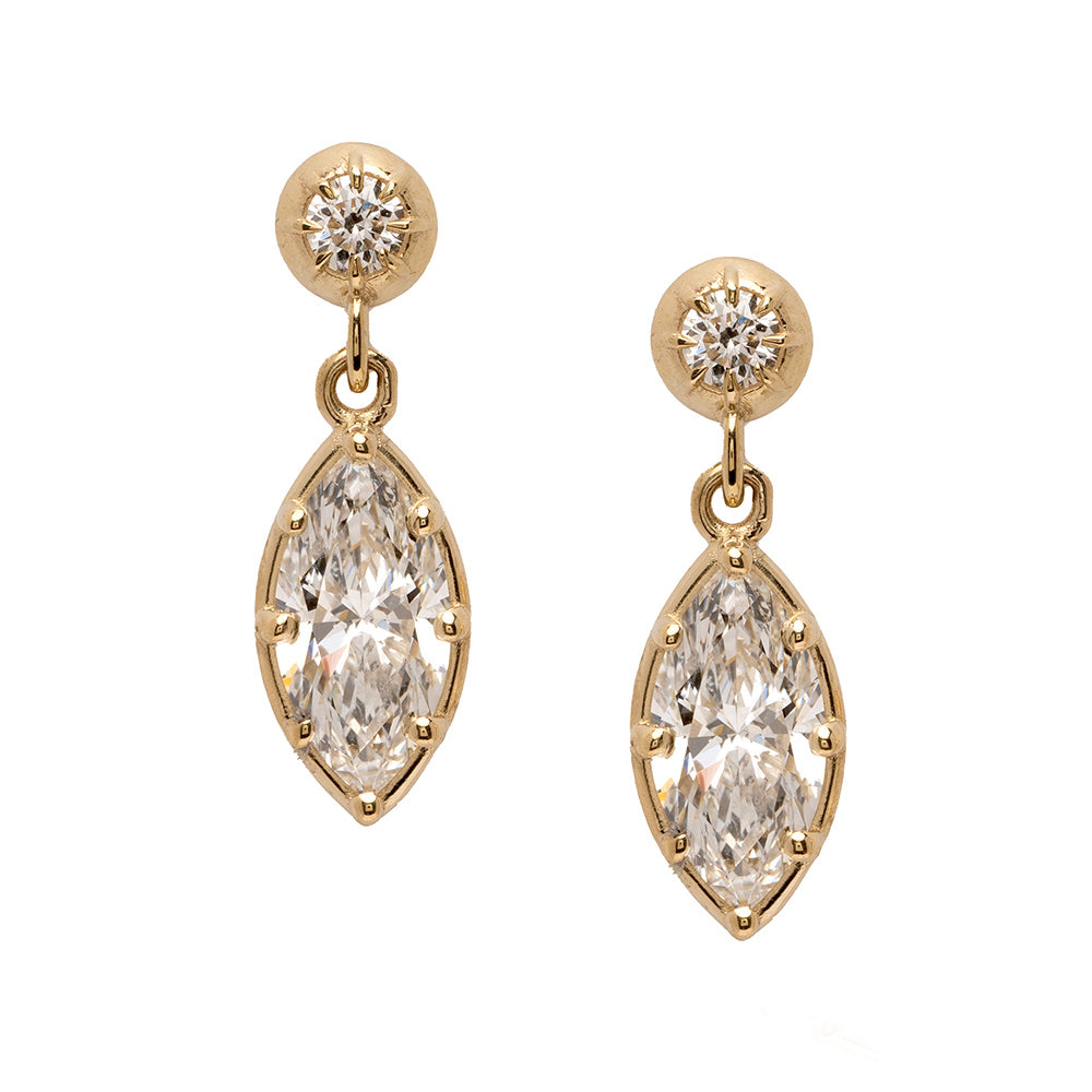 Gigi Earrings by SK-E117-LGD-MB-1.00, gold drop earrings with round and pear-cut diamond look stones.