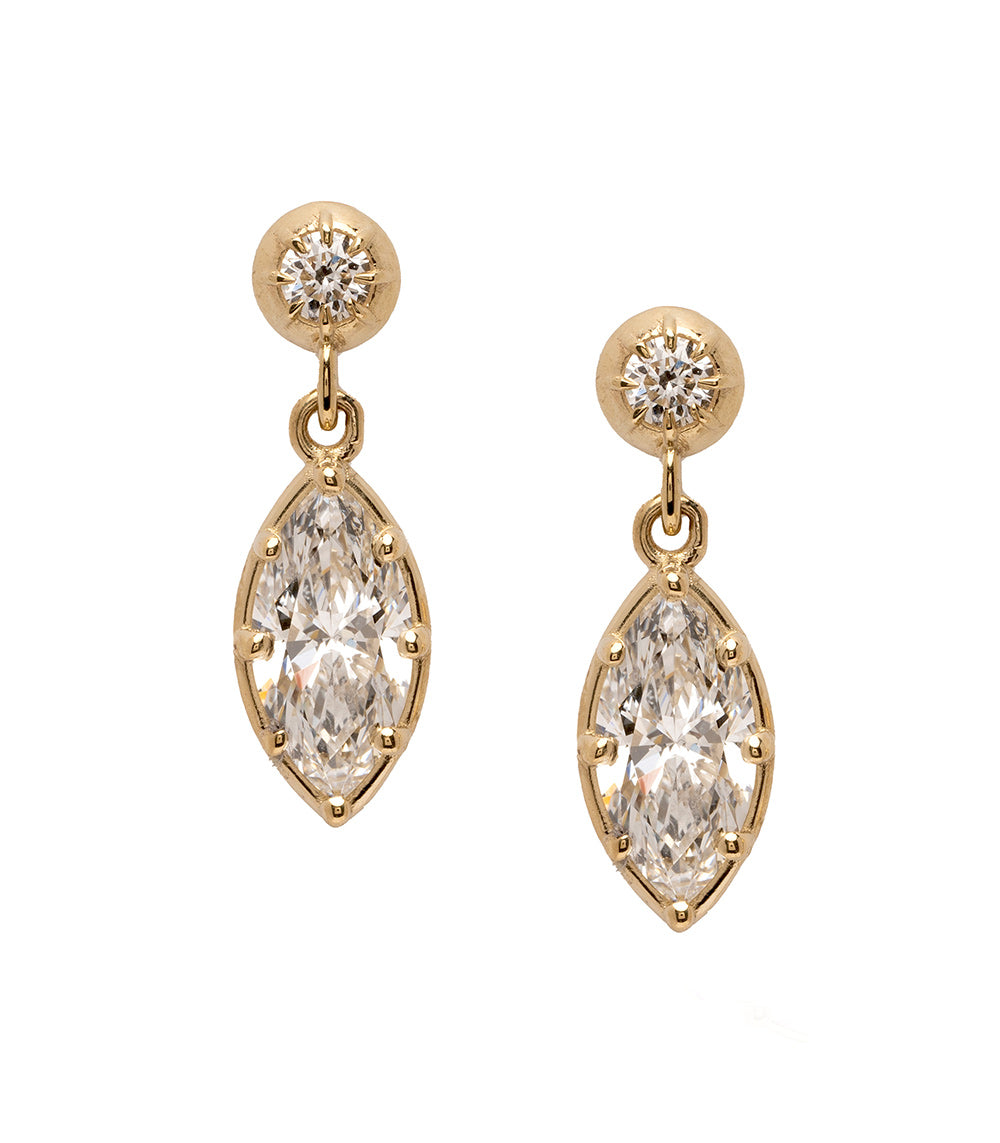 Gigi Earrings by SK-E117-LGD-MB-1.00, gold drop earrings with round and pear-cut diamond look stones.