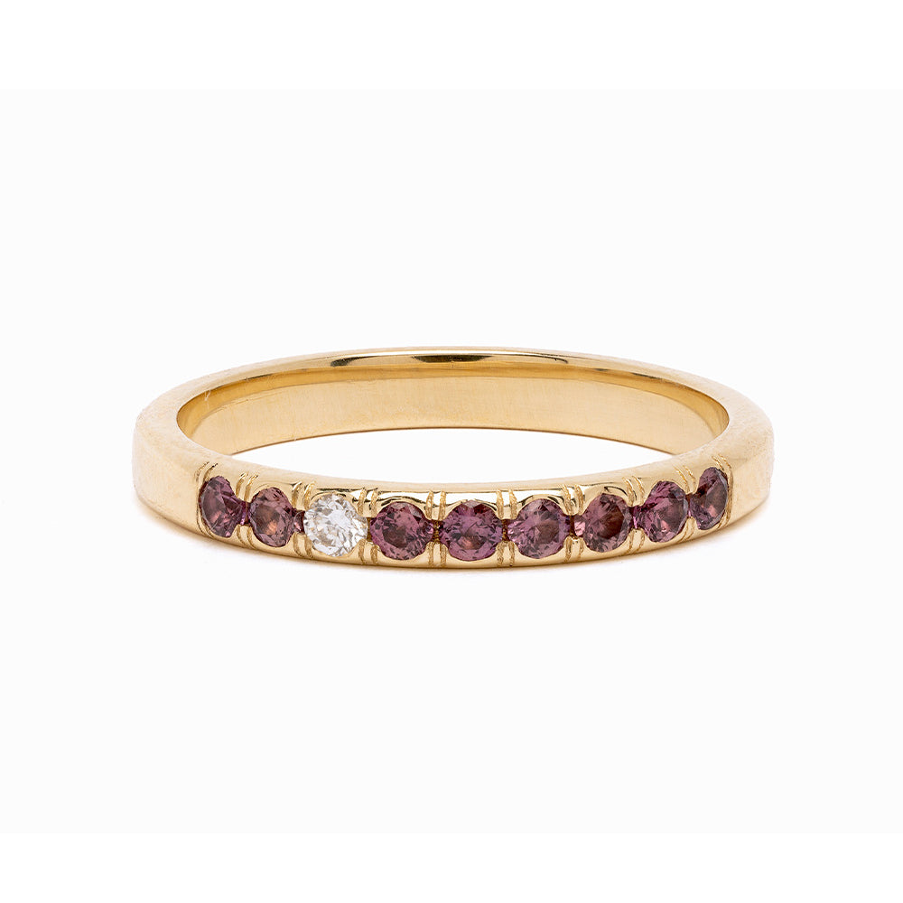 Vintage Inspired Stacking Ring LF-R1-MS 14K yellow gold ring with purple gemstone row—shiny finish