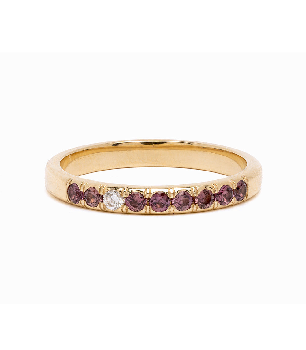 Vintage Inspired Stacking Ring LF-R1-MS 14K yellow gold ring with purple gemstone row—shiny finish