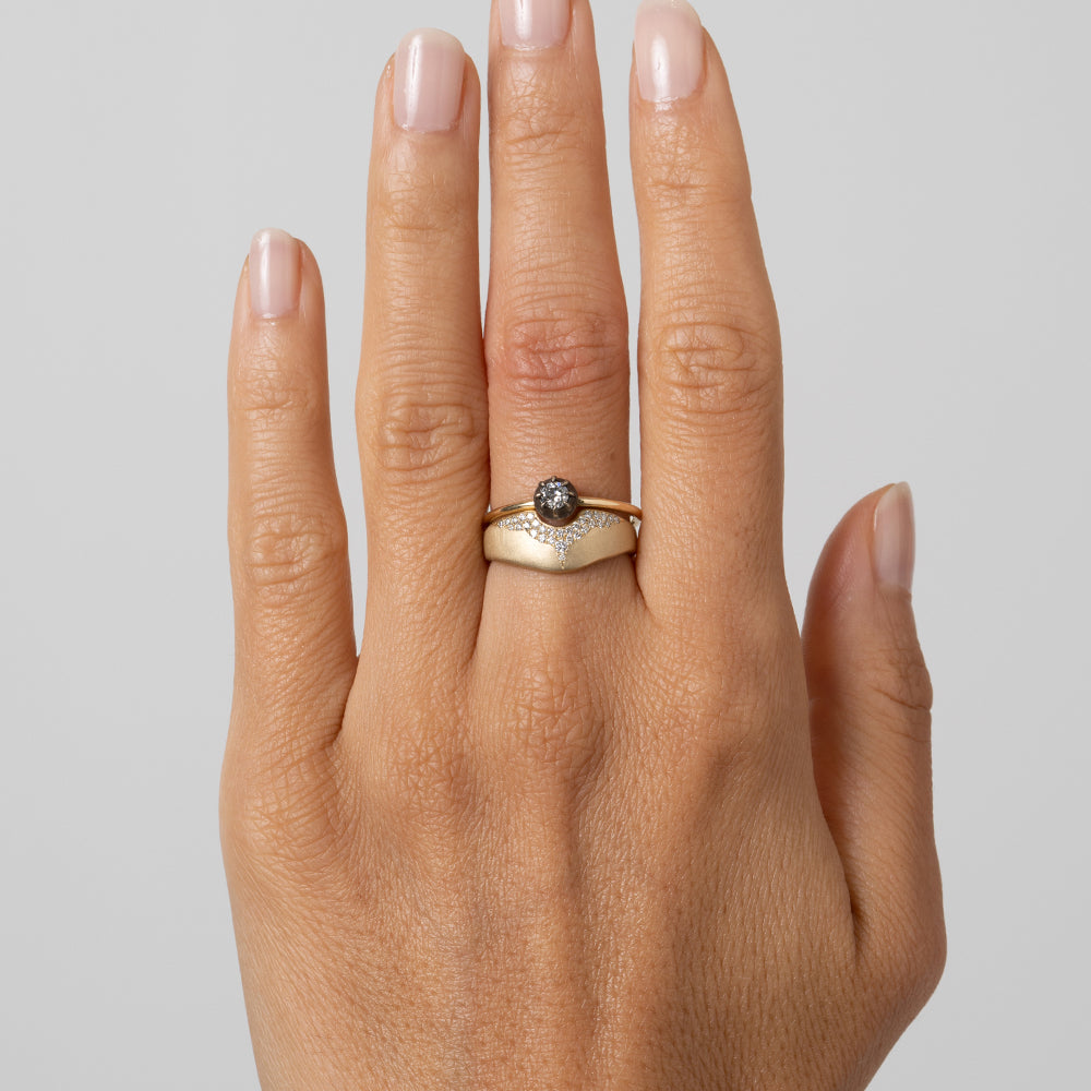 Mini Shield P-R12-A band ring in shiny 14K yellow gold with a round diamond center on hand