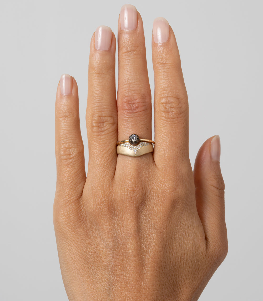 Mini Shield P-R12-A band ring in shiny 14K yellow gold with a round diamond center on hand