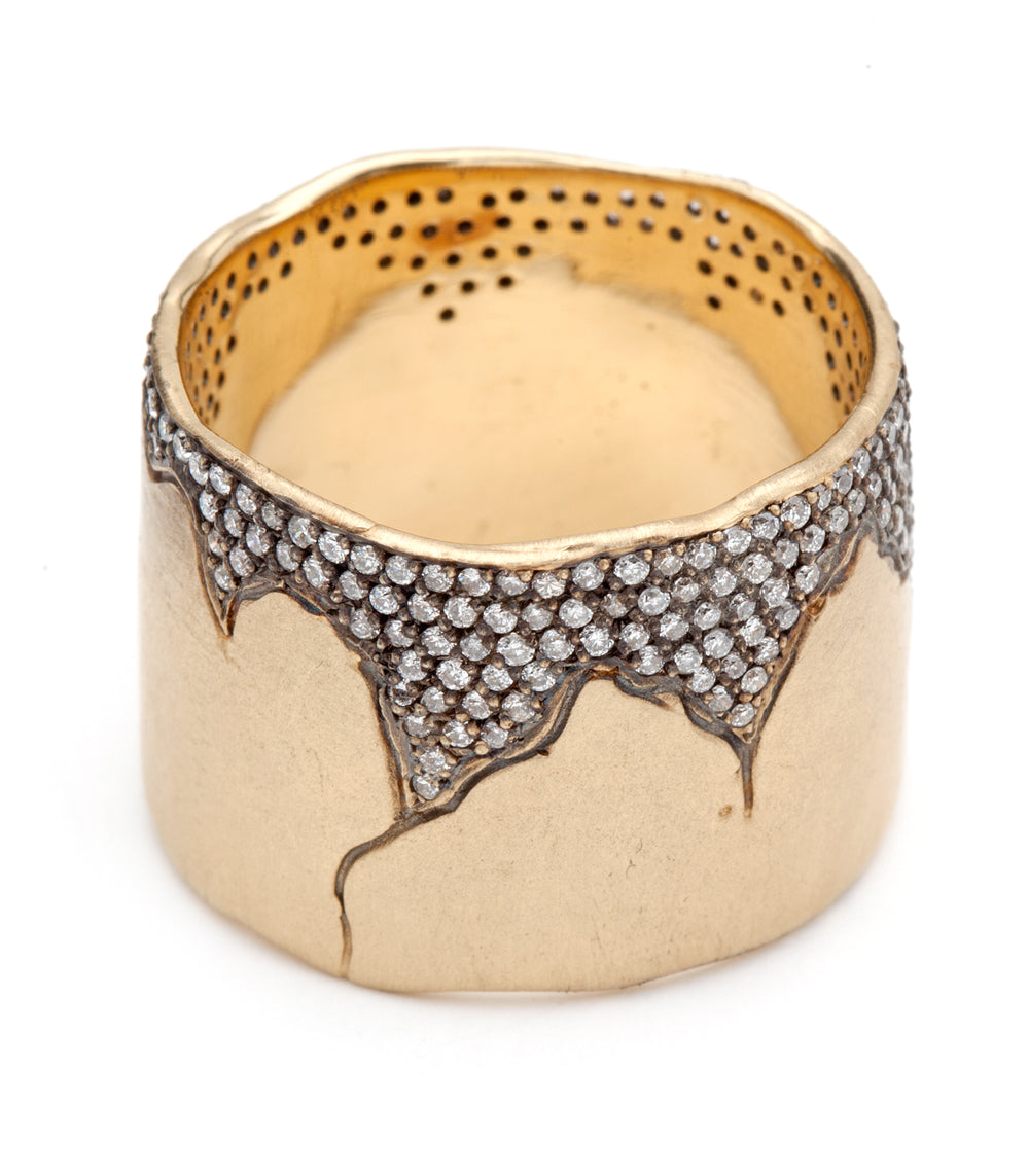 Cracked Band- 15mm P-R6-Cracked 14K Yellow Gold band with pavé diamonds and cracked motif along the top.