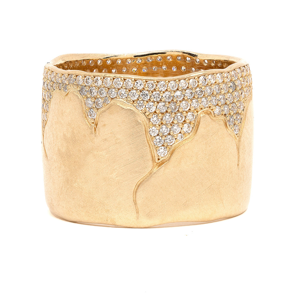 Cracked Band- 15mm P-R6-Cracked ring in 14K yellow gold with cracked texture and pavé stones