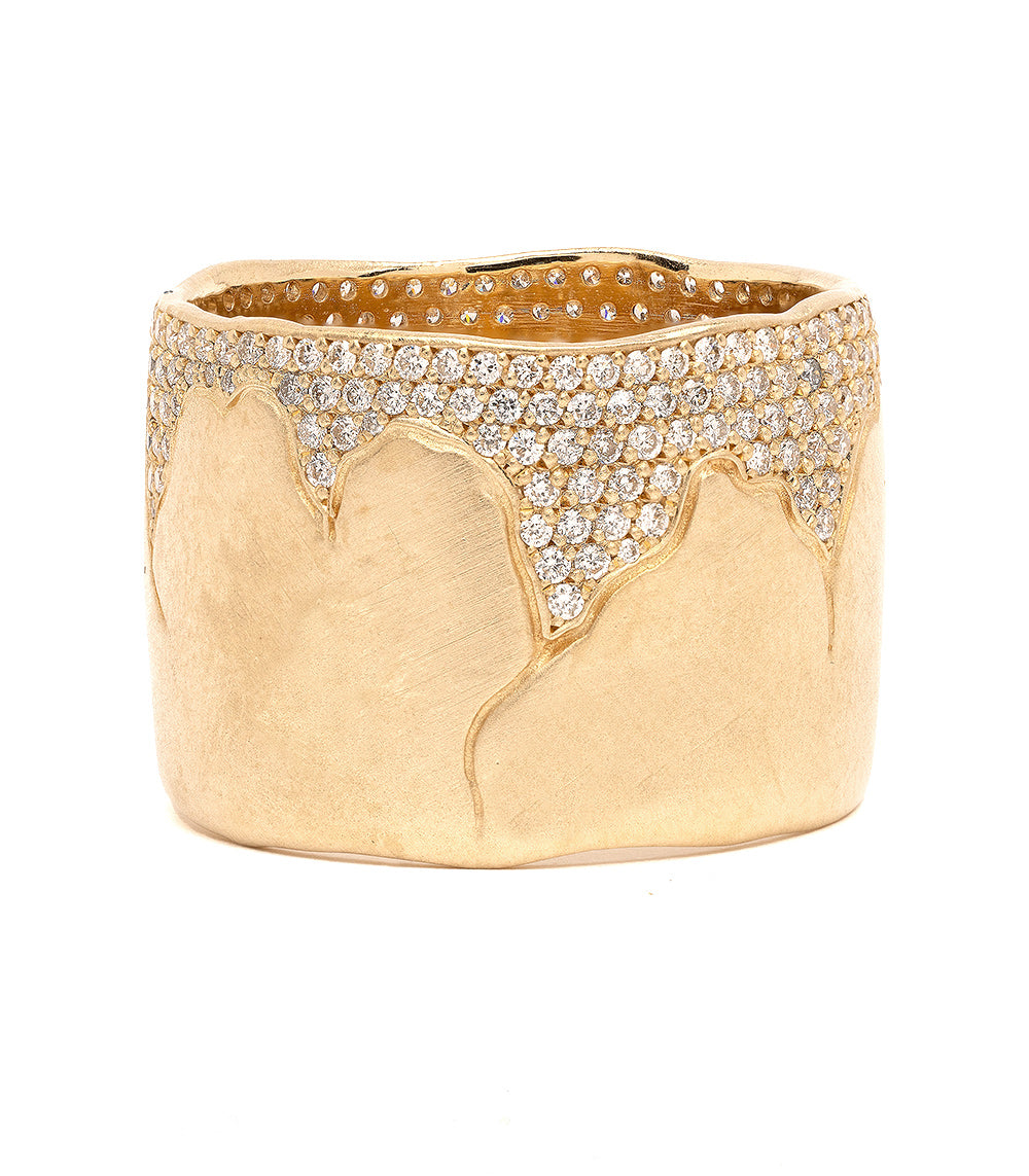 Cracked Band- 15mm P-R6-Cracked ring in 14K yellow gold with cracked texture and pavé stones