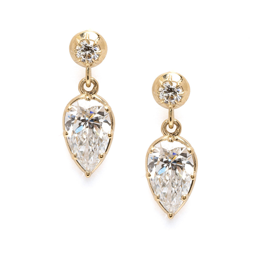 Gigi Earrings SK-E117-LGD-PBD-1.27 gold drop earrings with round halo top and pear-cut sparkle stones