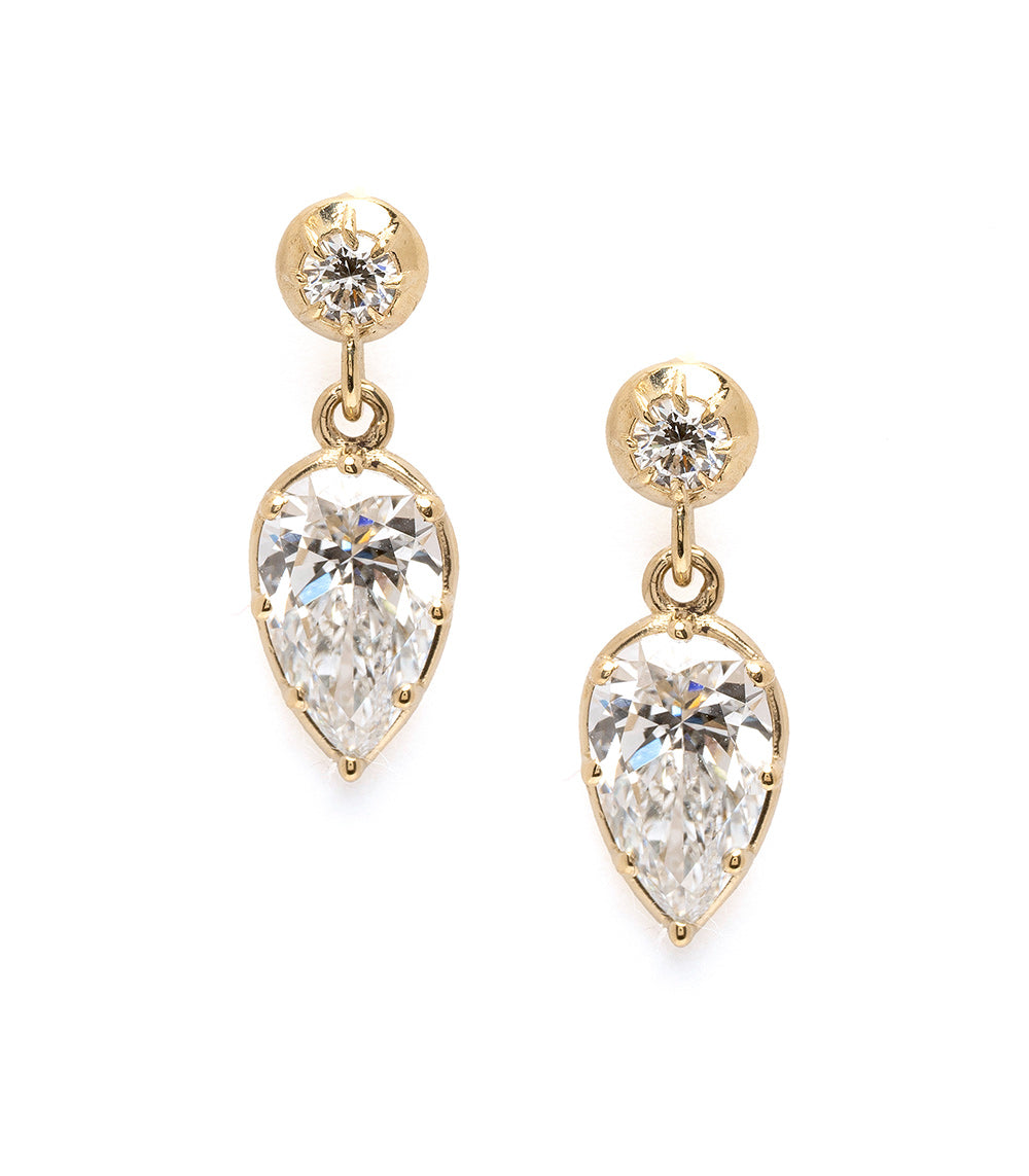 Gigi Earrings SK-E117-LGD-PBD-1.27 gold drop earrings with round halo top and pear-cut sparkle stones