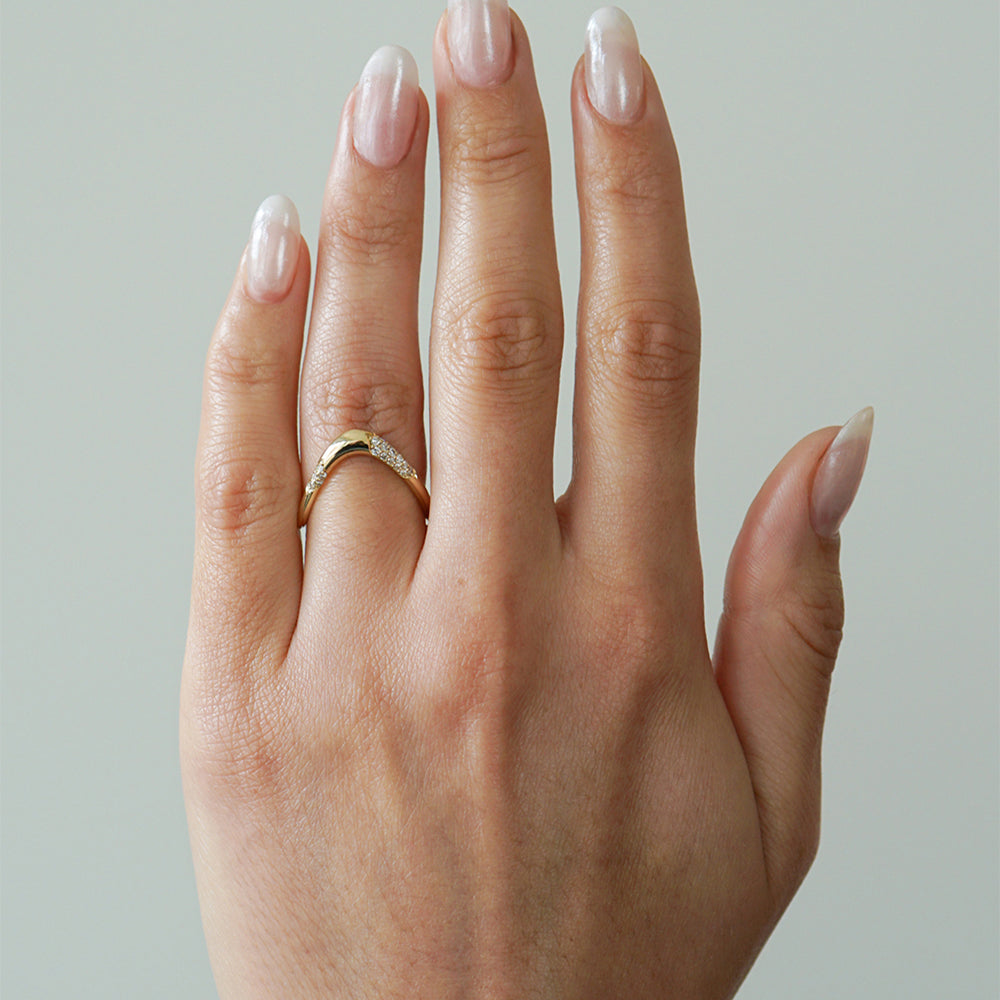 Large Melt Band by EGB-R2-P 14K yellow gold band ring with shiny melted texture on hand