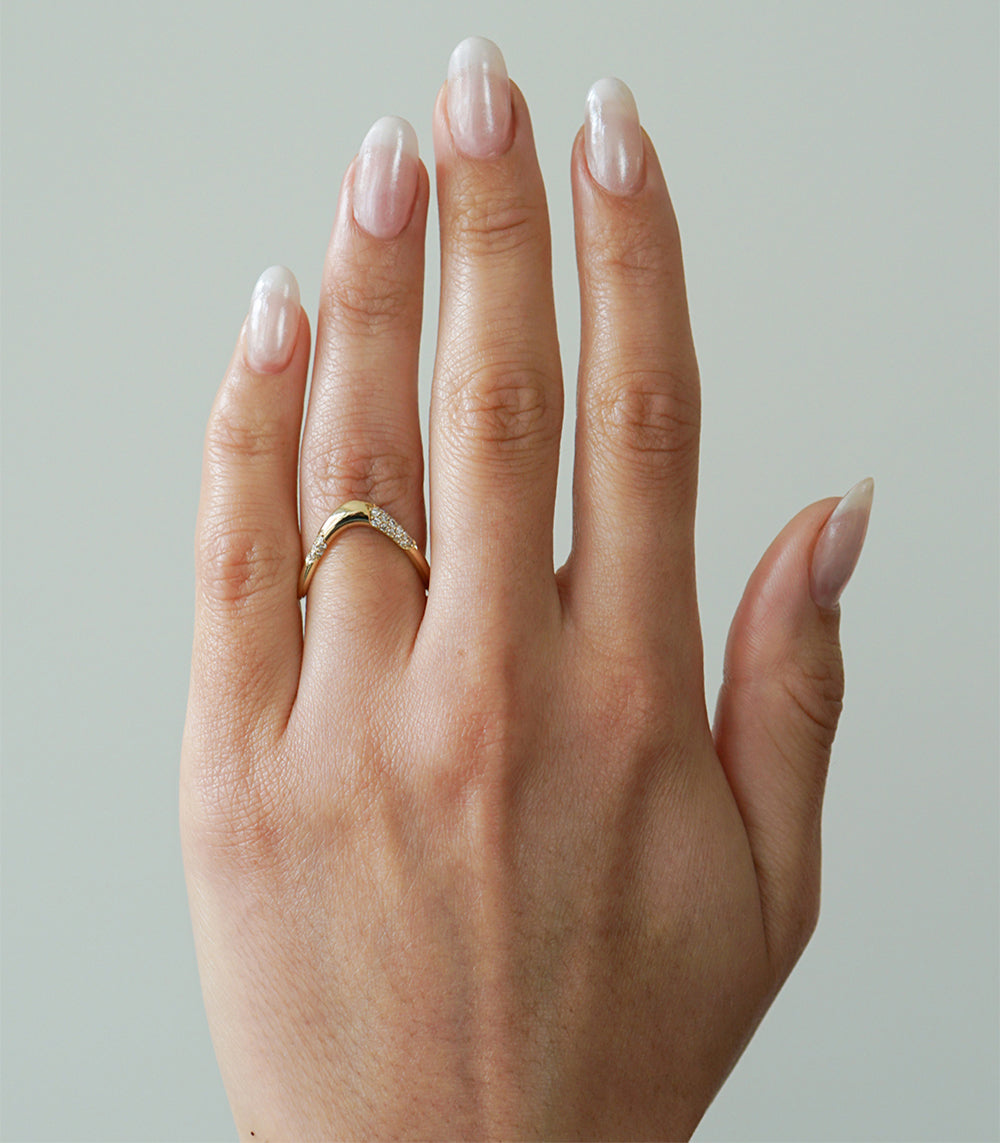 Large Melt Band by EGB-R2-P 14K yellow gold band ring with shiny melted texture on hand
