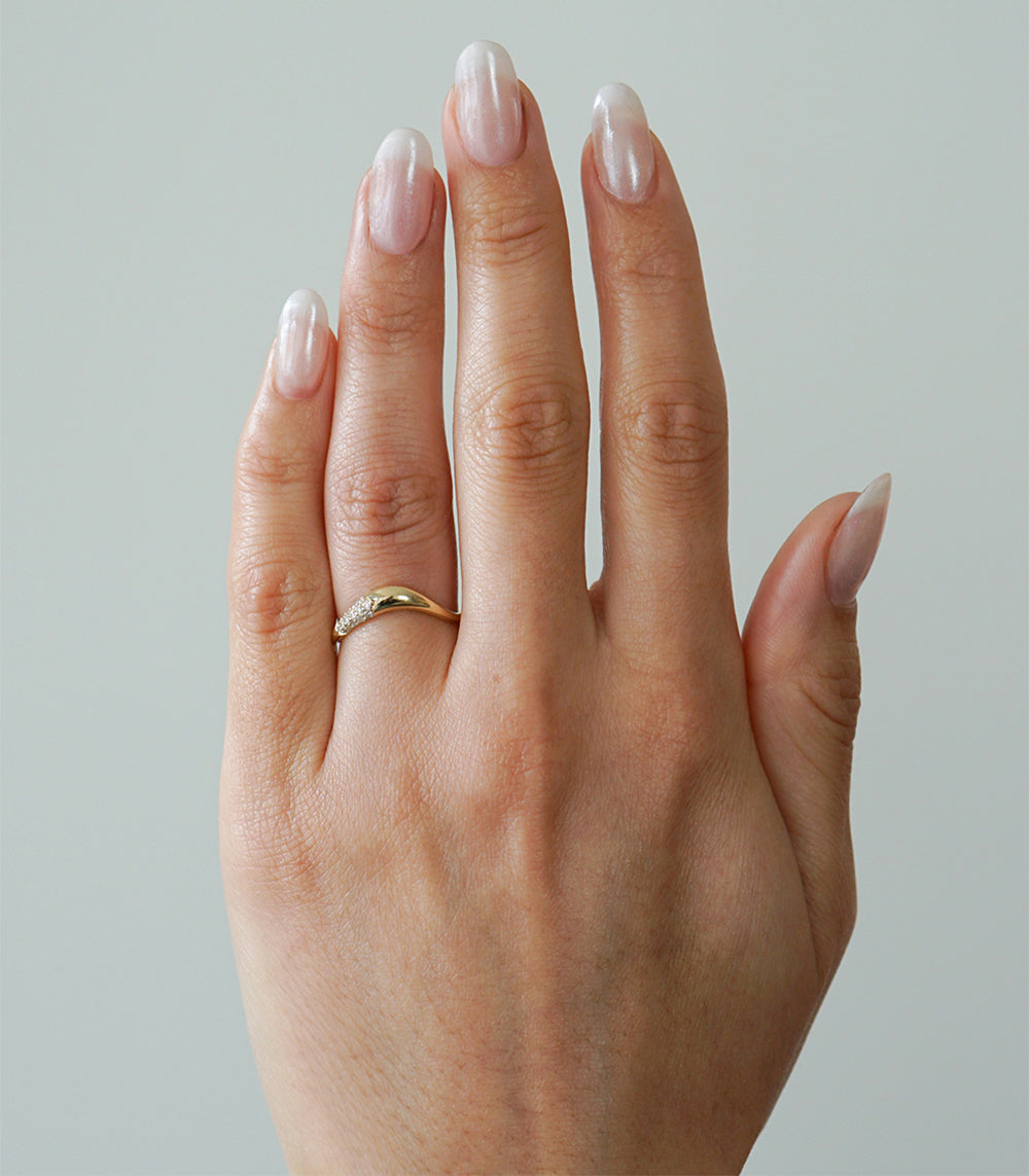 Small Melt Band by EGB-R1-P, shiny 14K yellow gold ring with subtle sparkle on finger