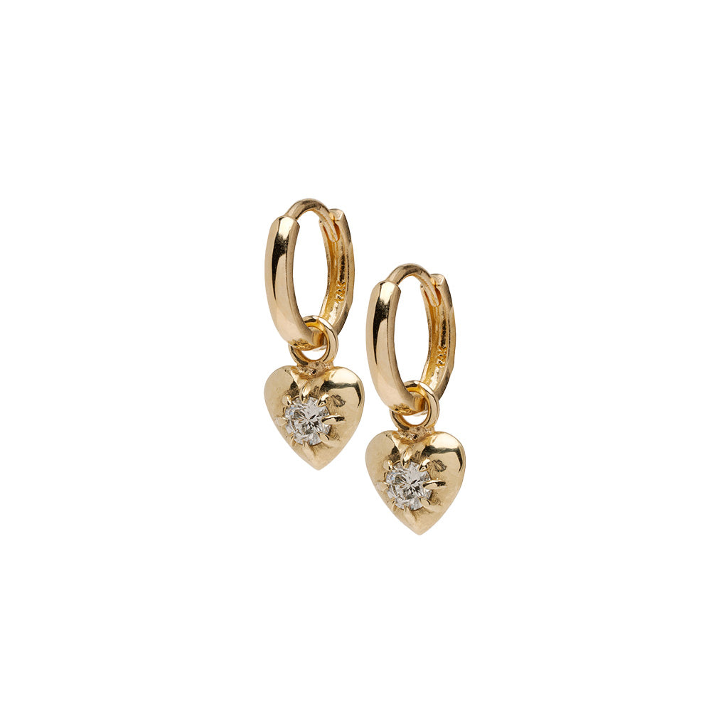 ID HUGGIE NO.3 by ID-E3 understated gold heart dangle huggie earrings with round diamond accents