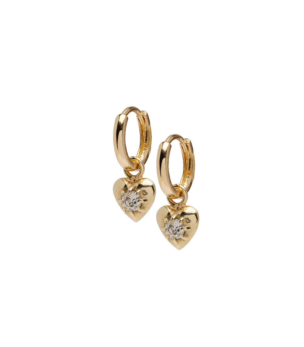 ID HUGGIE NO.3 by ID-E3 understated gold heart dangle huggie earrings with round diamond accents