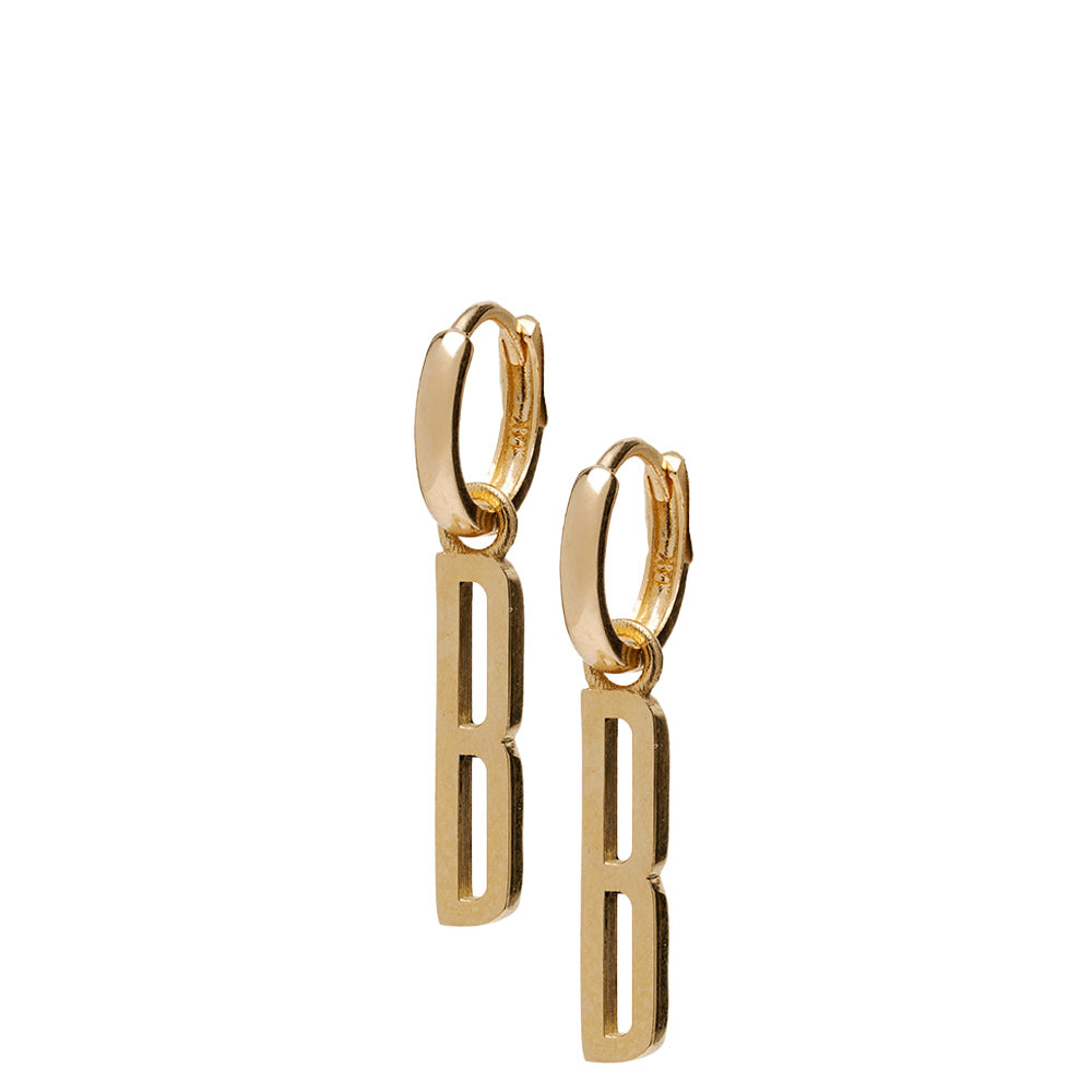 ID HUGGIE NO.1 by ID-E1 gold hoop earrings with dangling vertical bar cutouts, minimal polished finish.