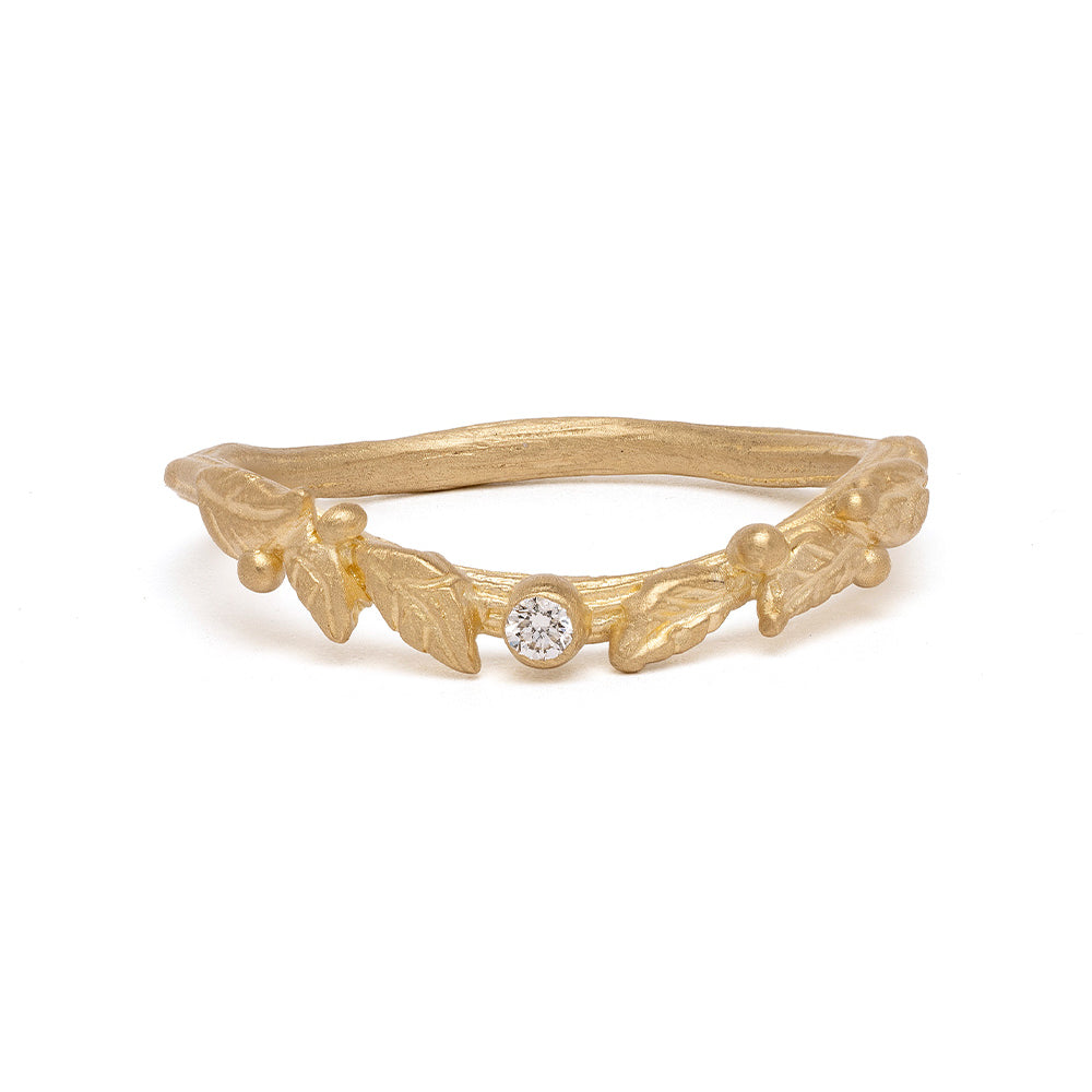Twig Nesting Band ES-R41 ring 14K yellow gold shiny twig texture with small round diamond