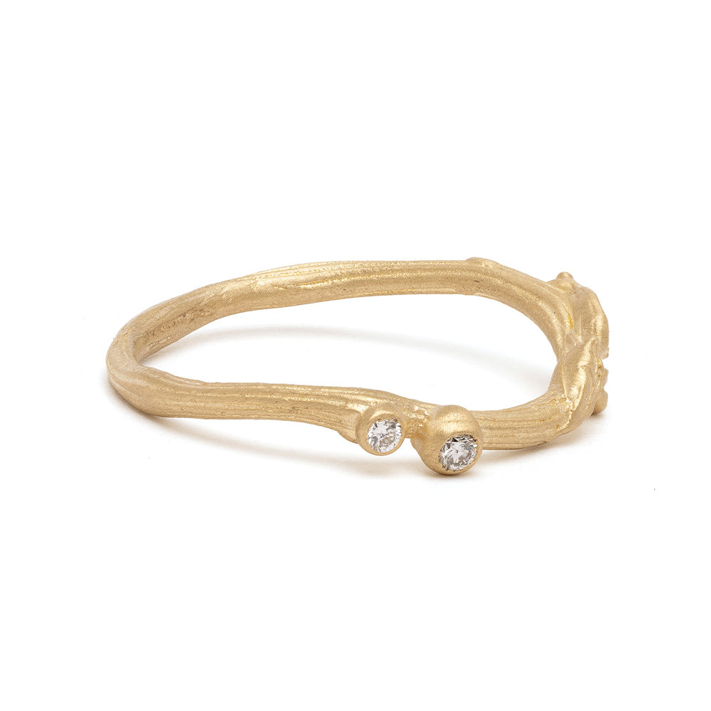Twig Nesting Band by ES-R39 14K yellow gold ring with shiny twig texture and two round diamonds