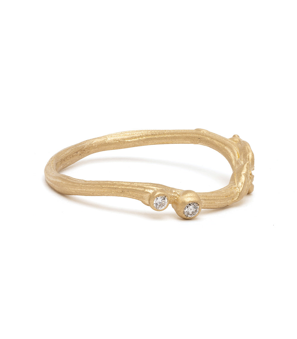 Twig Nesting Band by ES-R39 14K yellow gold ring with shiny twig texture and two round diamonds