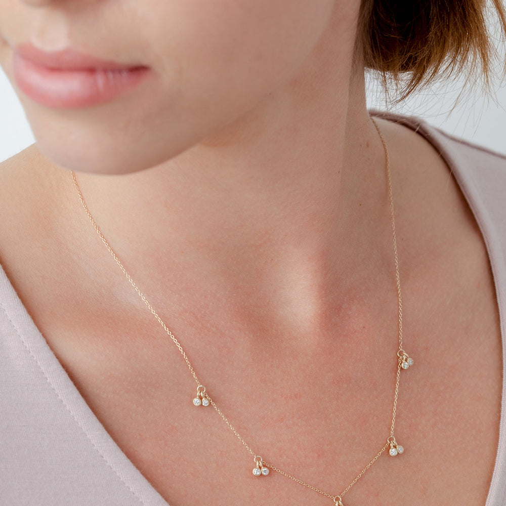 Cherries Necklace by R-N16 in 14K yellow gold with shiny chain and small cherry charms with sparkle