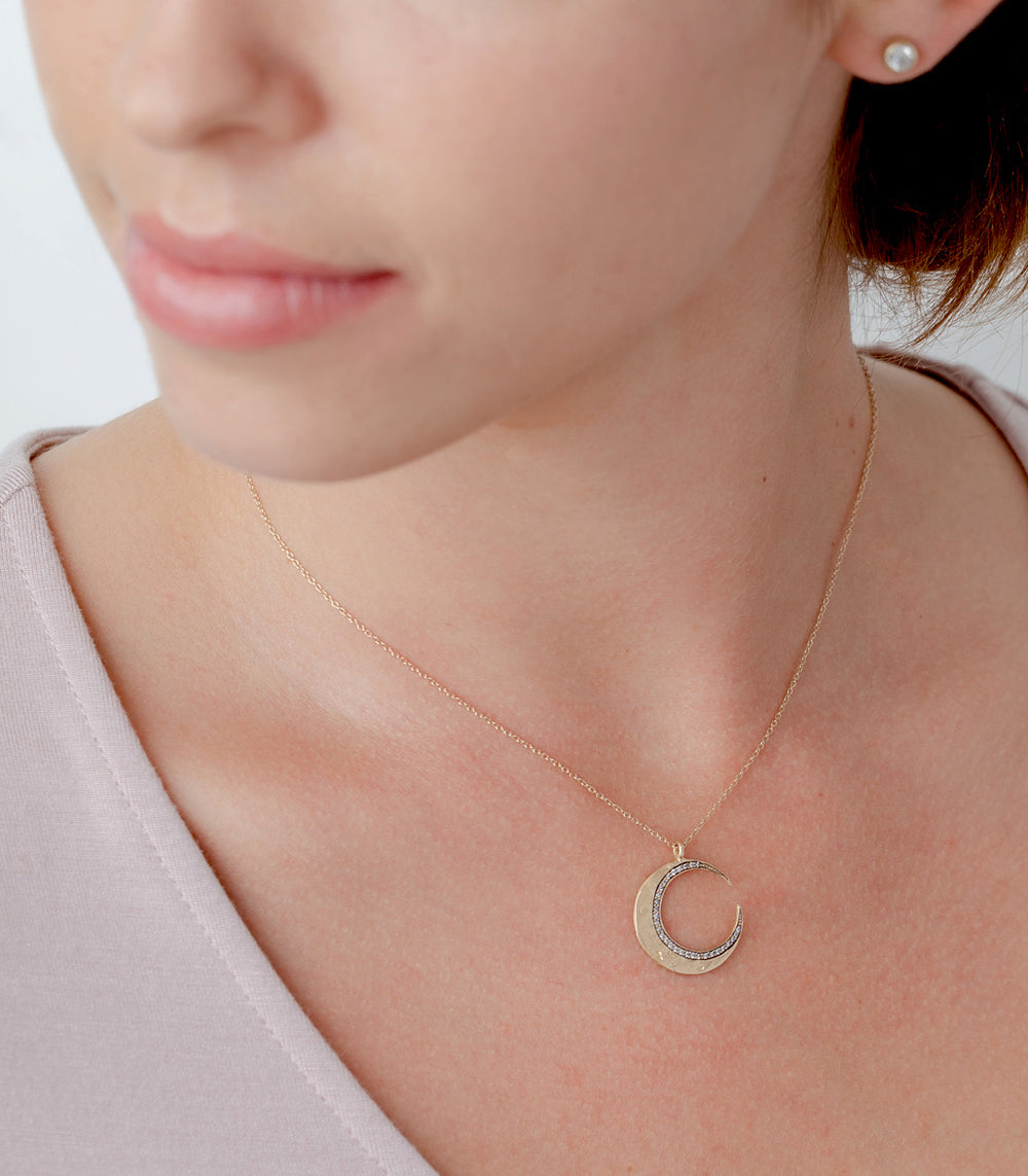 Crescent Moon Necklace ES-N16B in 14K yellow gold with shiny crescent moon pendant and tiny stones
