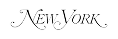 Centered NEW YORK text logo in black serif lettering with ornate curls on a white background.