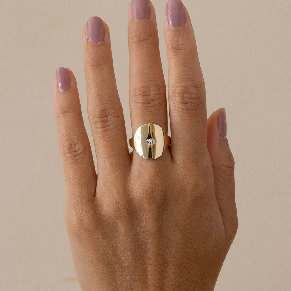 Modern Signet SR-R1-MC signet ring in shiny 14K yellow gold with central diamond detail