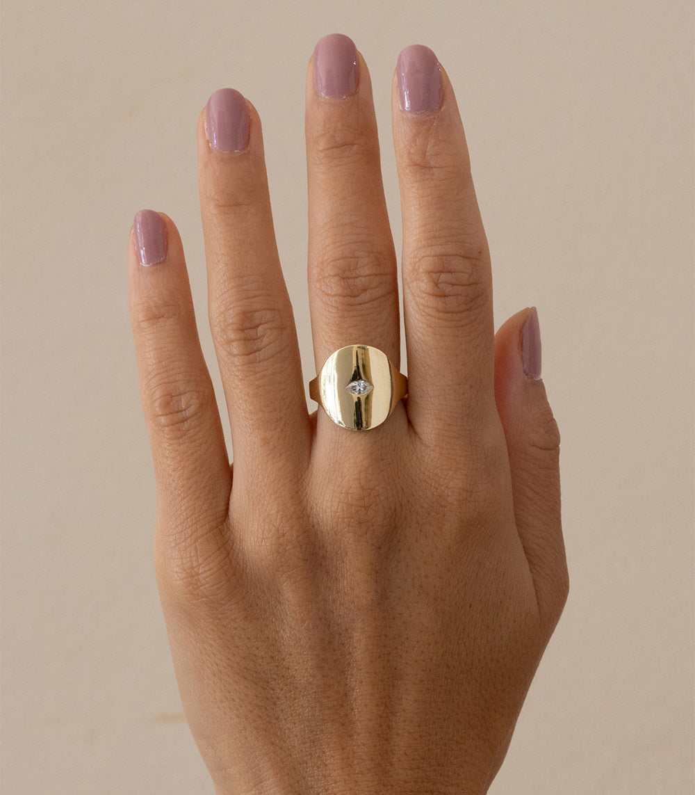 Modern Signet SR-R1-MC signet ring in shiny 14K yellow gold with central diamond detail