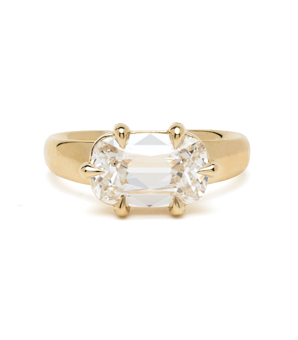 Ella Sofia Kaman engagement ring in yellow gold with a cushion-cut solitaire center stone