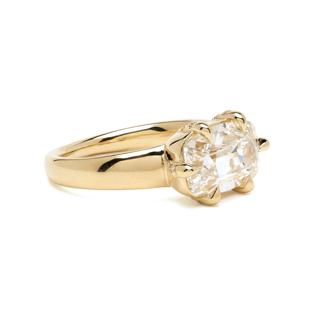 Ella unique engagement ring by Sofia Kaman in gold with oval clear stone, polished setting