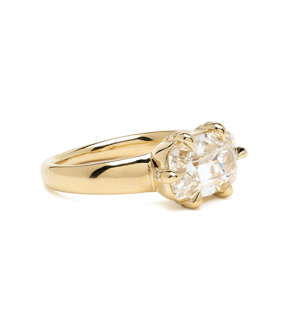 Ella unique engagement ring by Sofia Kaman in gold with oval clear stone, polished setting