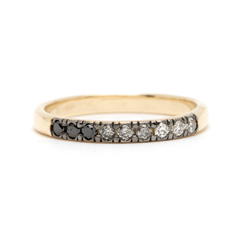 Vintage Inspired Stacking Band LF-R1-OD 14K yellow gold shiny band with black and clear stone rows