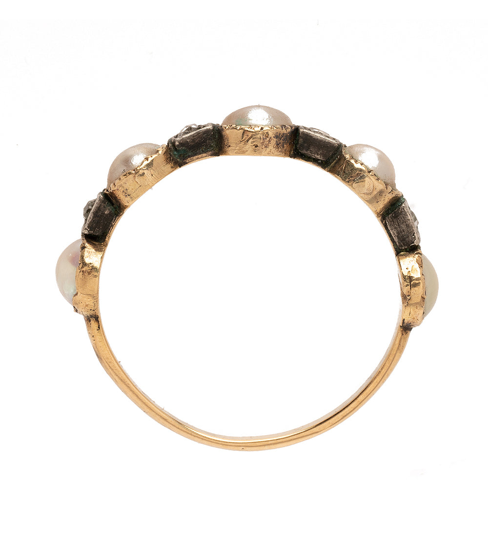 Pearl and Diamond Victorian Stacking Band II by VC-R166, gold stacking ring with round pearls and dark accents.