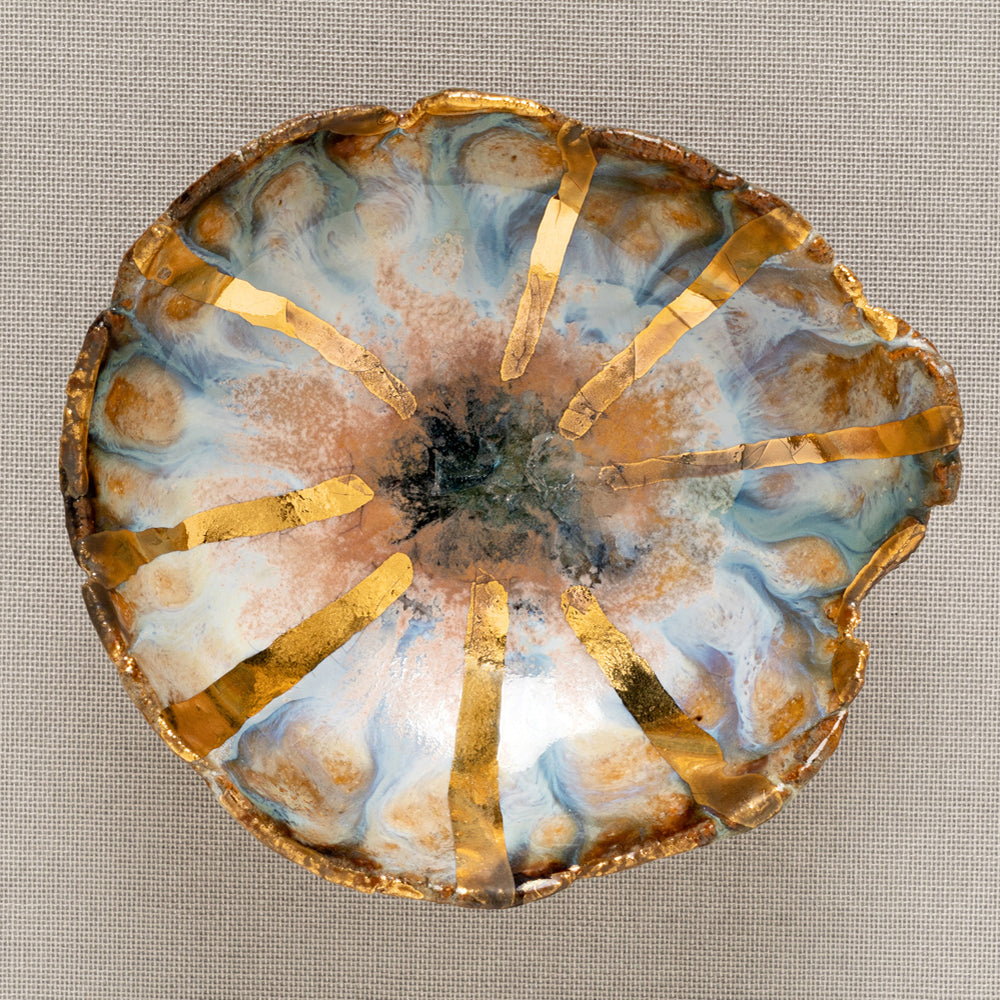 Blue Lagoon Ring Dish G-006 for rings, blue and gold resin in a sunburst style bowl