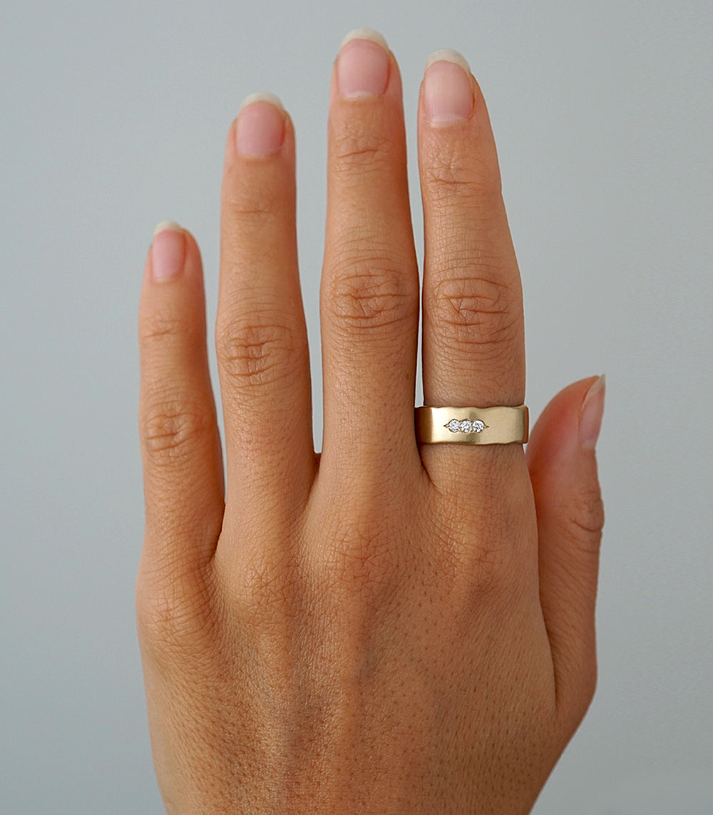 Ducks in a Row P-R3-Horz ring in gold with a small diamond, shiny finish on a hand